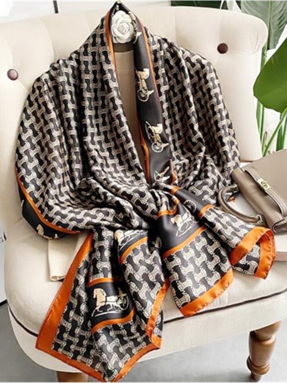 Brown Orange Horse Print Satin Scarf Long Lightweight Shawl Wrap